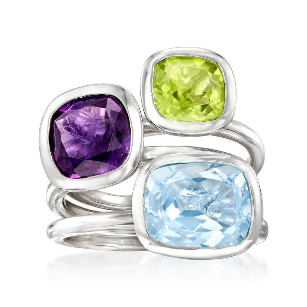7.50 ct. t.w. Multi Gemstone Jewelry Set Three Rings in Sterling