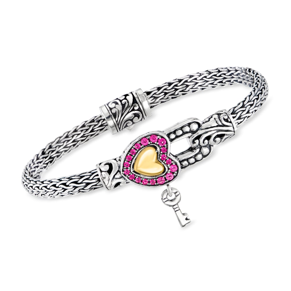 Ross-Simons - .4 ctw Pink Topaz Bali-Style Heart Lock Bracelet, 18kt Gold. 7