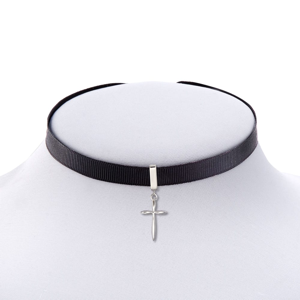 Black Ribbon Choker Necklace with Sterling Silver Cross | Ross-Simons