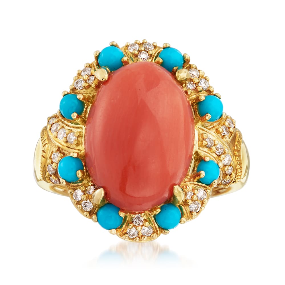 Coral, Turquoise and .23 ct. t.w. Diamond Ring in 18kt Yellow Gold