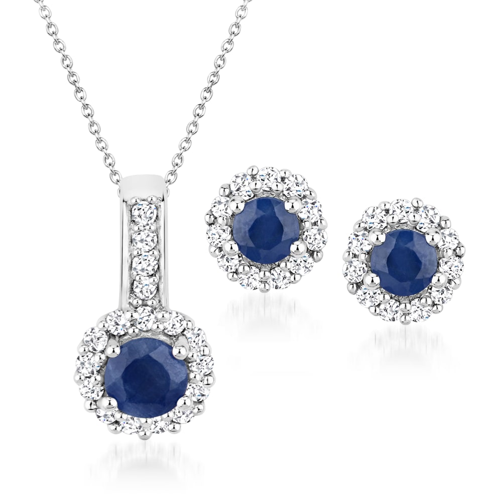 1.20 ct. t.w. Sapphire and .80 ct. t.w. White Topaz Jewelry Set Earrings and Pendant Necklace in Sterling Silver