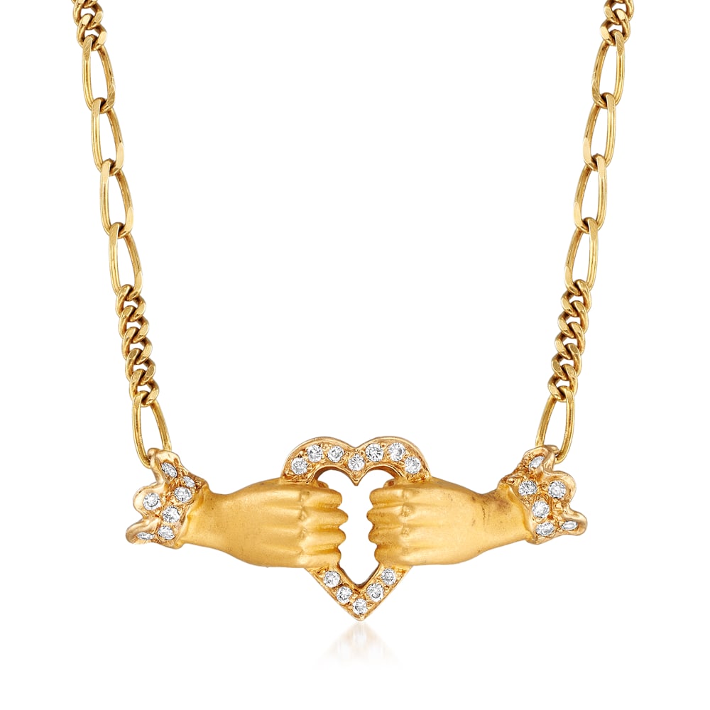 C. 1980 Vintage Carrera Y Carrera .13 ct. . Diamond Hands Holding Heart  Necklace in 18kt Yellow Gold | Ross-Simons