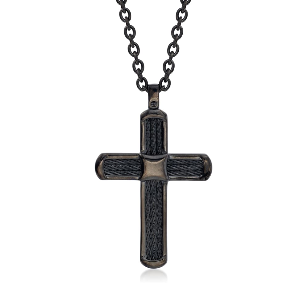 ALOR Men s Black Stainless Steel Cable Cross Necklace. 24