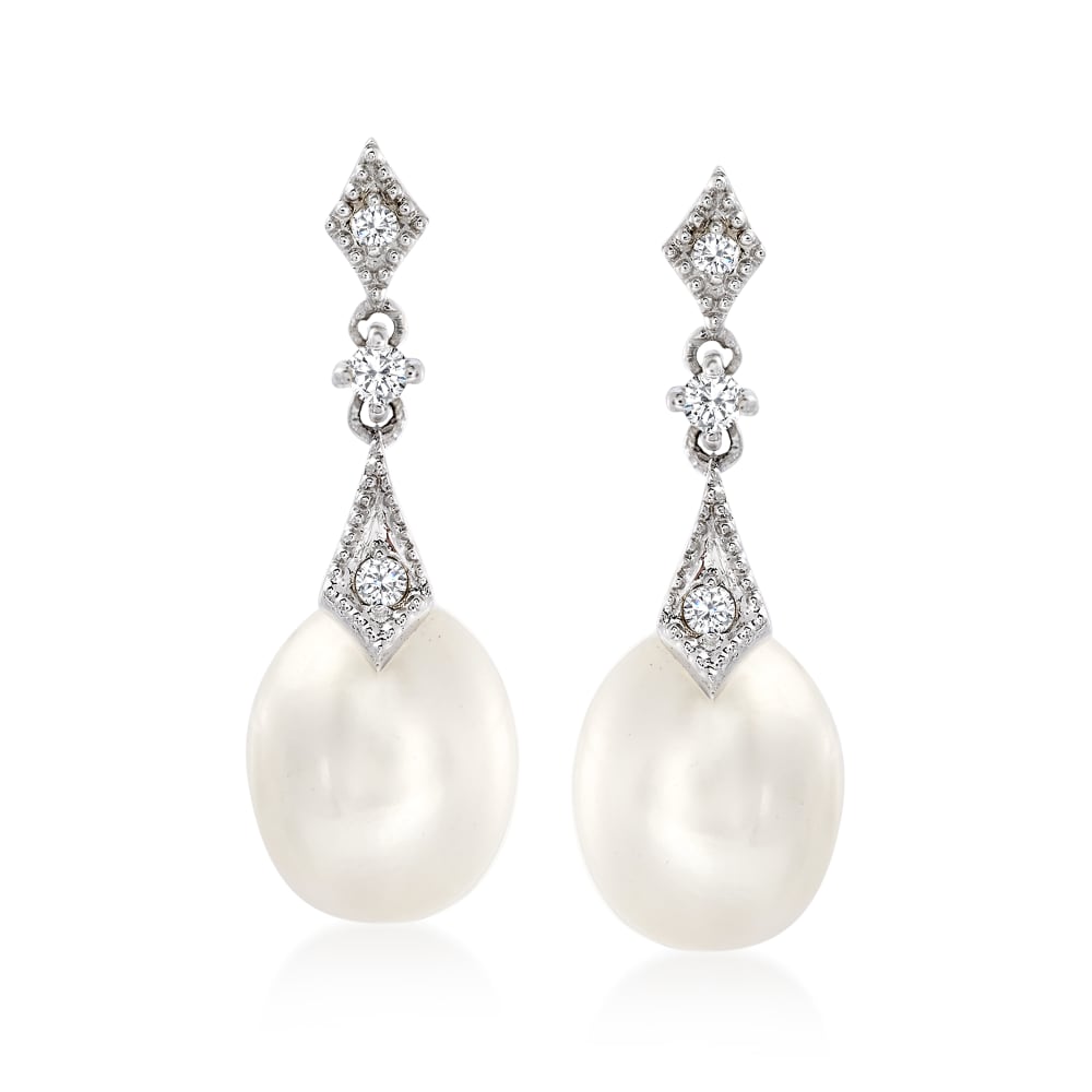 8mm Cultured Pearl and .10 ct. t.w. Diamond Drop Earrings in 14kt White ...