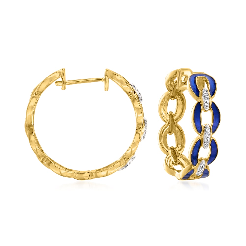25 ct. t.w. Diamond and Blue Enamel Link Hoop Earrings in 18kt