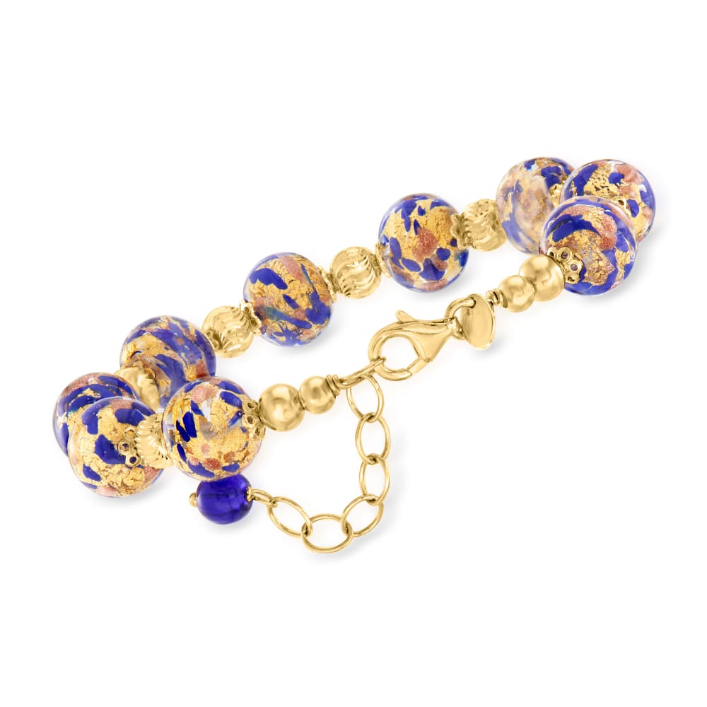 Cobalt Blue and Aventurina Authentic Murano Glass Beaded Bracelet 7 1/2 Inches with 1 1/4 inch Extender, Gold Tone Clasp and Murano Tag