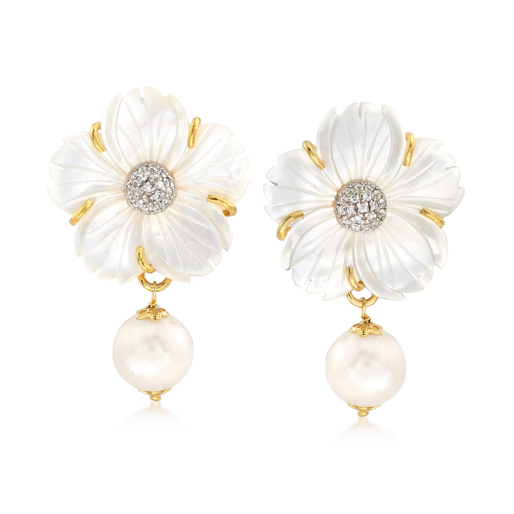 Ross-Simons - Italian Mother-of-Pearl, 12mm Cultured Pearl Flower Drop Earrings, Cubic Zirconias Over