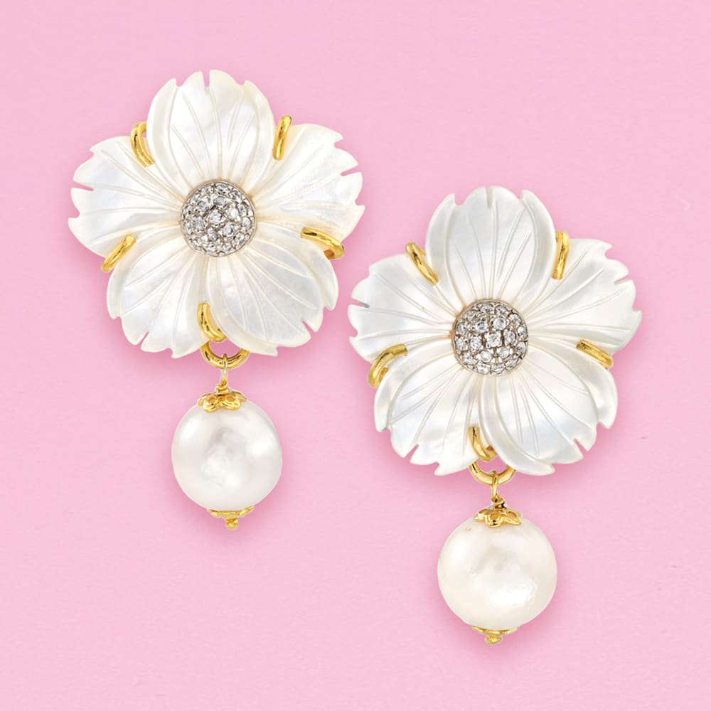 Color Blossom Long Earrings, Pink Gold, White Mother-Of-Pearl And Diamonds  - Jewelry - Categories