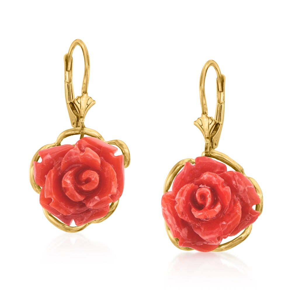 C. 1960 Vintage Red Coral Rose Drop Earrings in 14kt Yellow Gold
