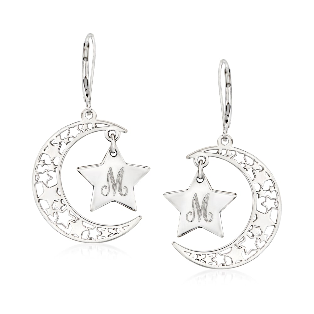 Sterling Silver Openwork Moon and Star Personalized Drop Earrings