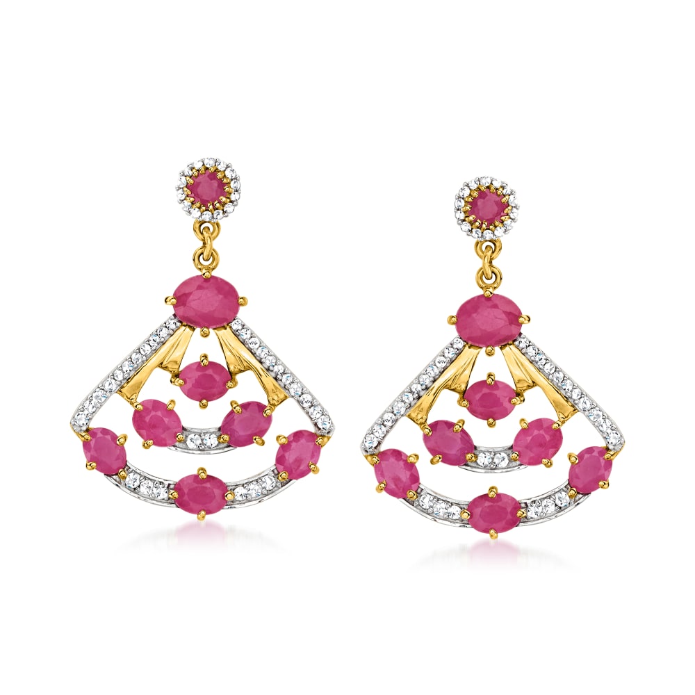 3.20 ct. t.w. Ruby and .33 ct. t.w. Diamond Fan Drop Earrings in 14kt