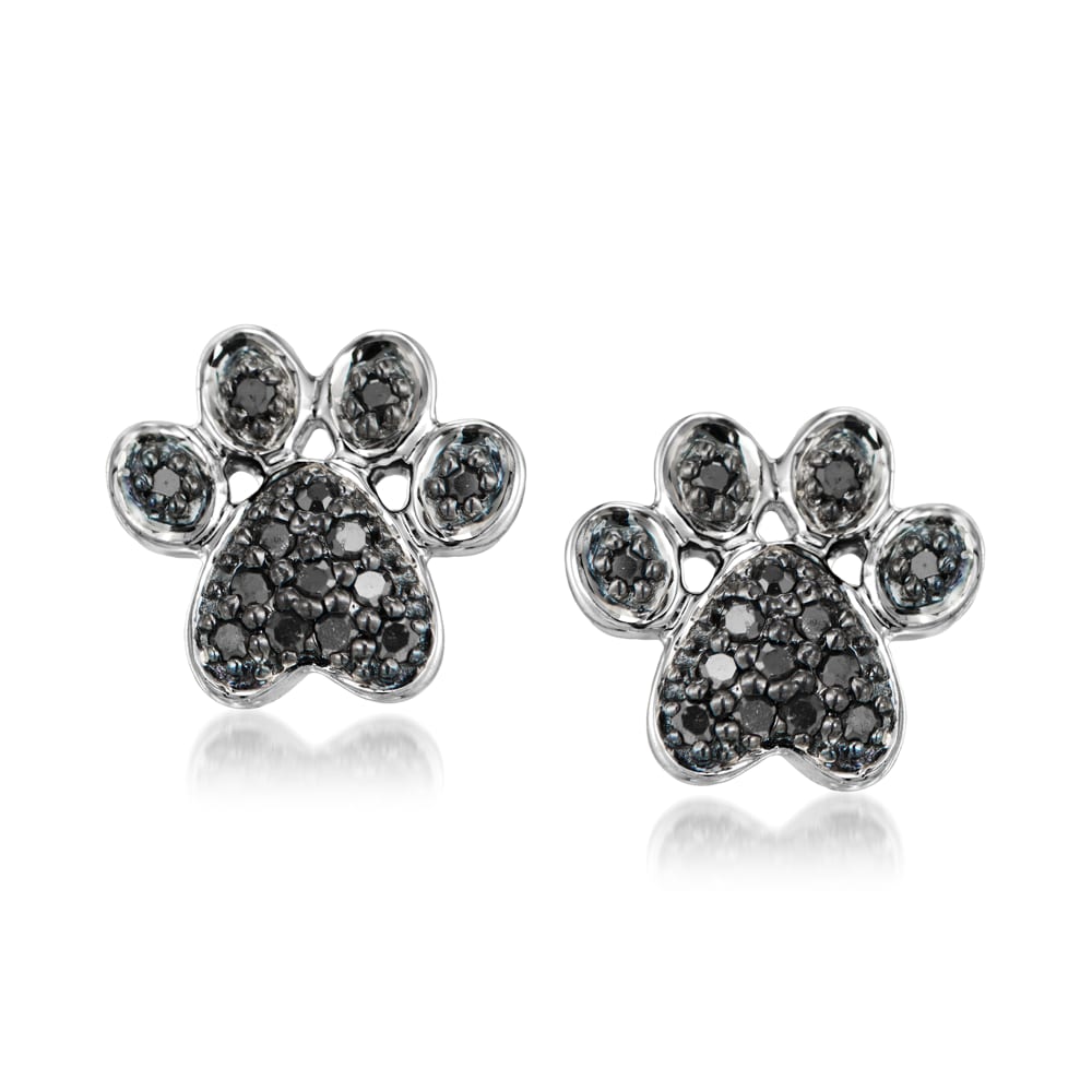 Black Diamond Accented Paw Print Earrings in 14kt White Gold