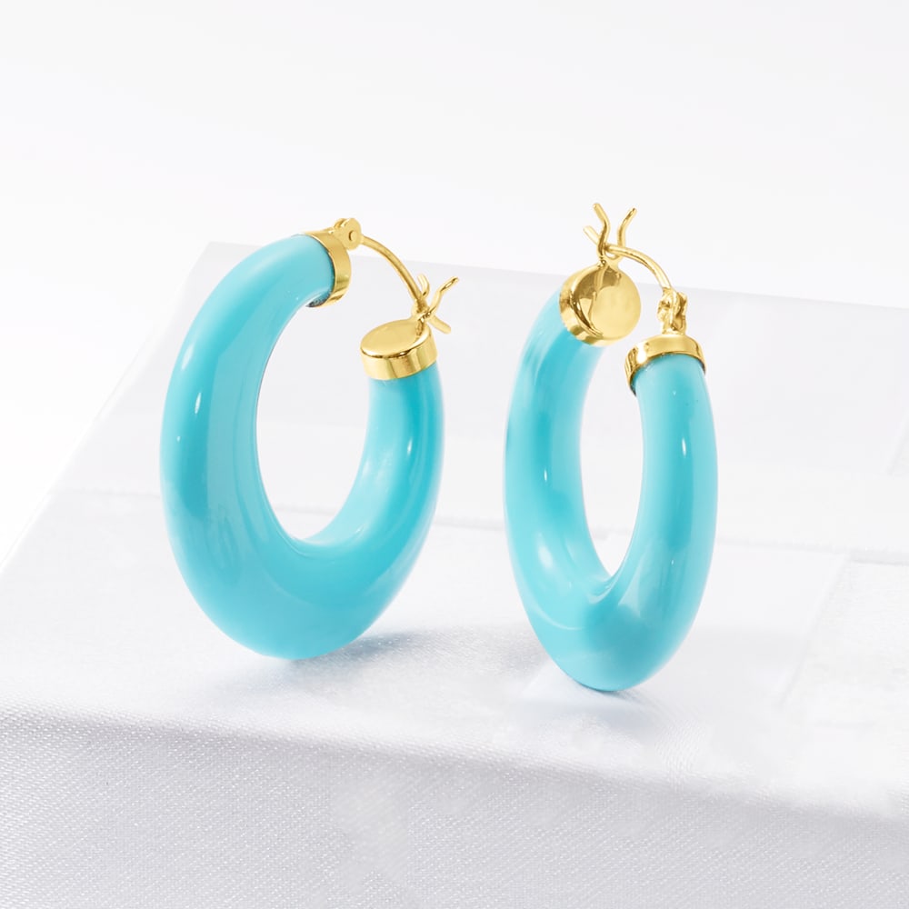Simulated Turquoise Hoop Earrings in 14kt Yellow Gold | Ross-Simons