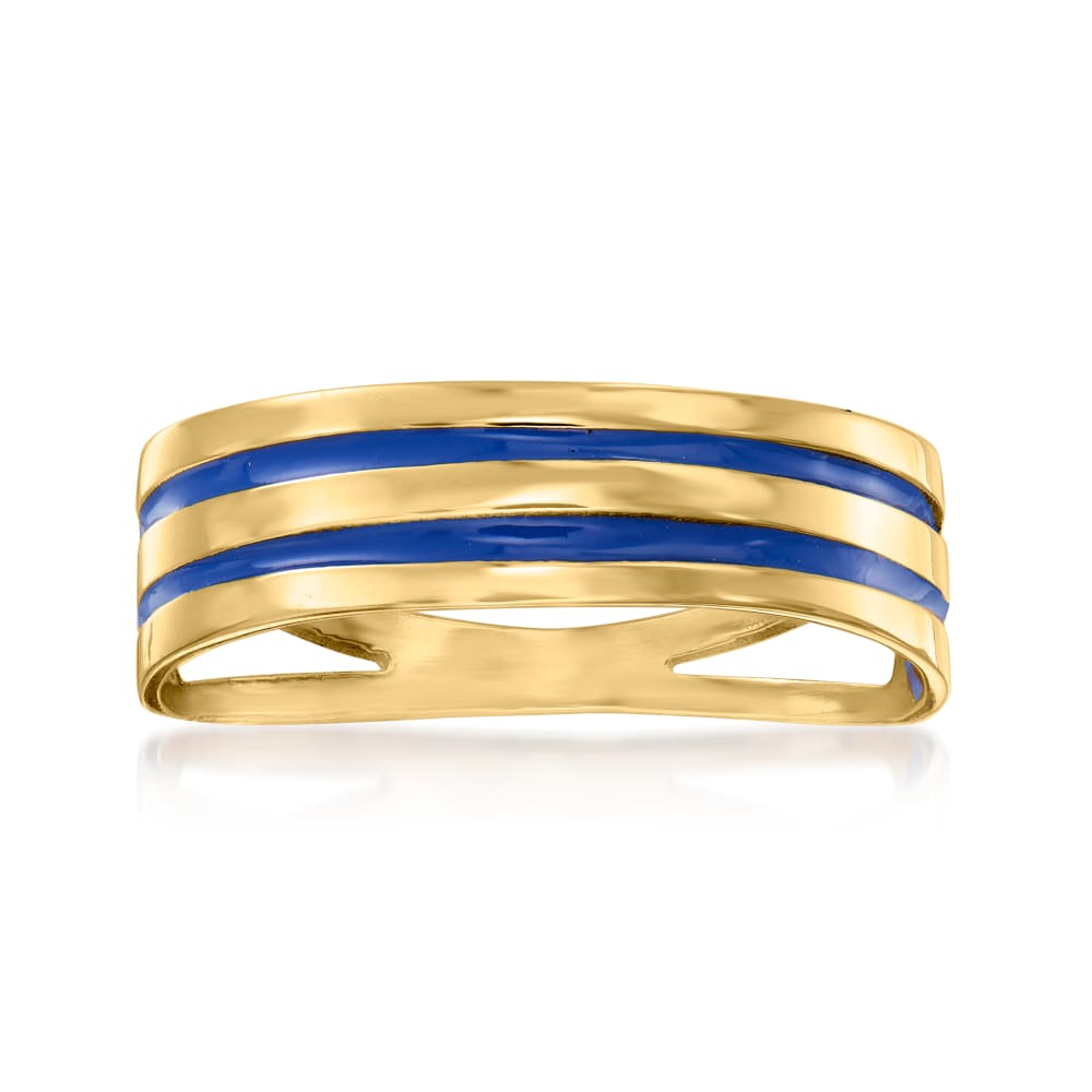 Italian 14kt Yellow Gold Ring with Blue Enamel Stripes Ross Simons