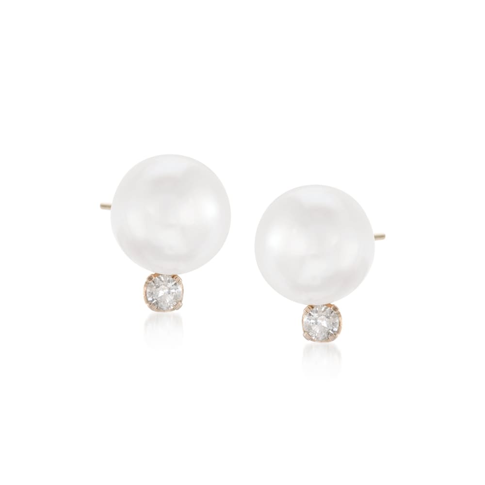 6-6.5mm Cultured Akoya Pearl and Diamond Accent Earrings in 14kt Yellow ...