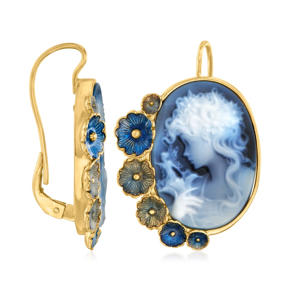 Italian Blue Agate Cameo and Enamel Flower Drop Earrings in 18kt Gold ...