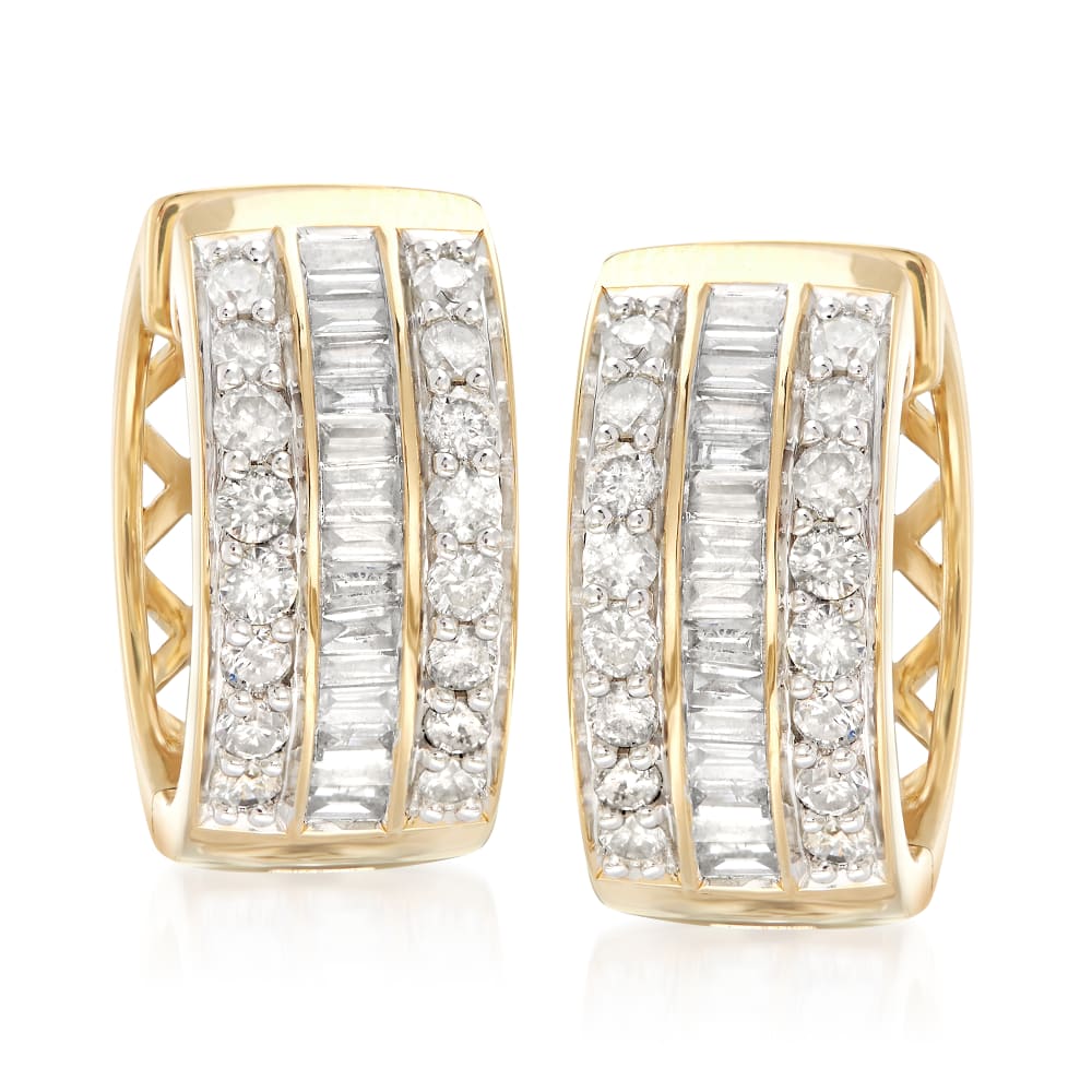 1.00 ct. t.w. Baguette and Round Diamond Hoop Earrings in 18kt Gold ...