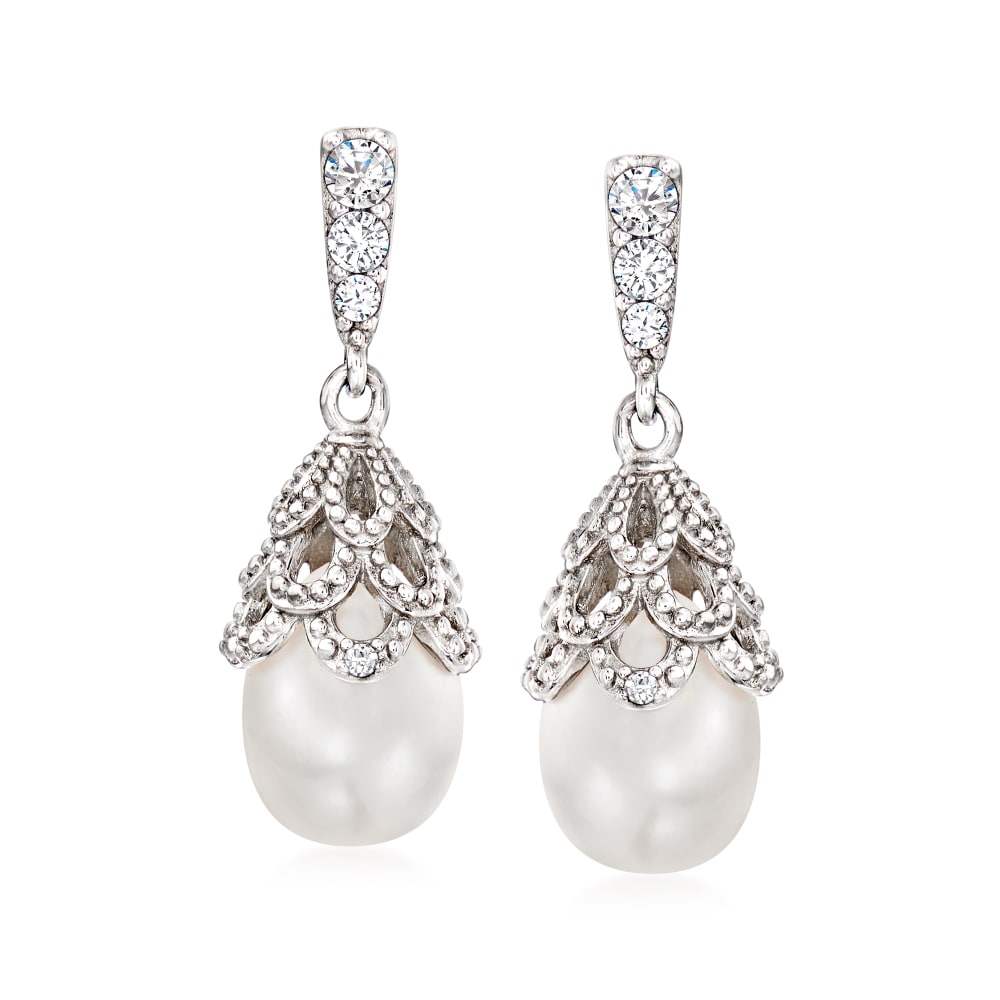 8mm Cultured Pearl and .15 ct. t.w. CZ Drop Earrings in Sterling Silver |  Ross-Simons