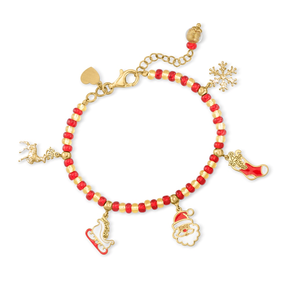 Italian Red and Golden Murano Glass Bead and Multicolored Enamel Christmas Charm  Bracelet in 18kt Gold Over Sterling
