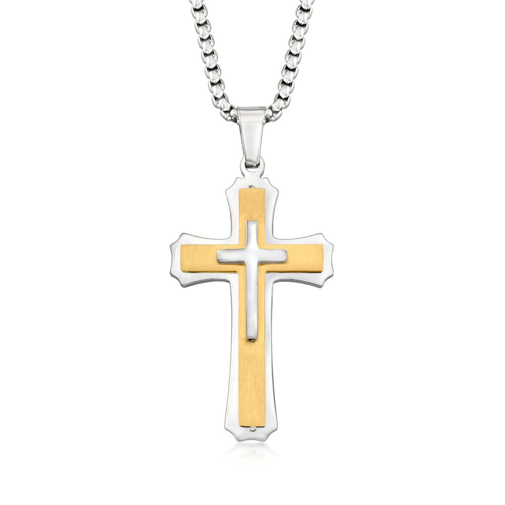 Sterling Silver and 14kt Yellow Gold Oval Cross Necklace | Ross-Simons