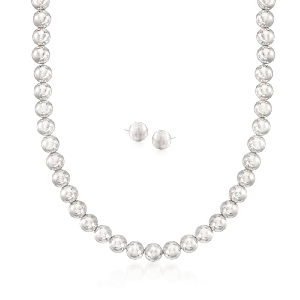 Sterling Silver Jewelry Set 8mm Bead Necklace and Stud Earrings
