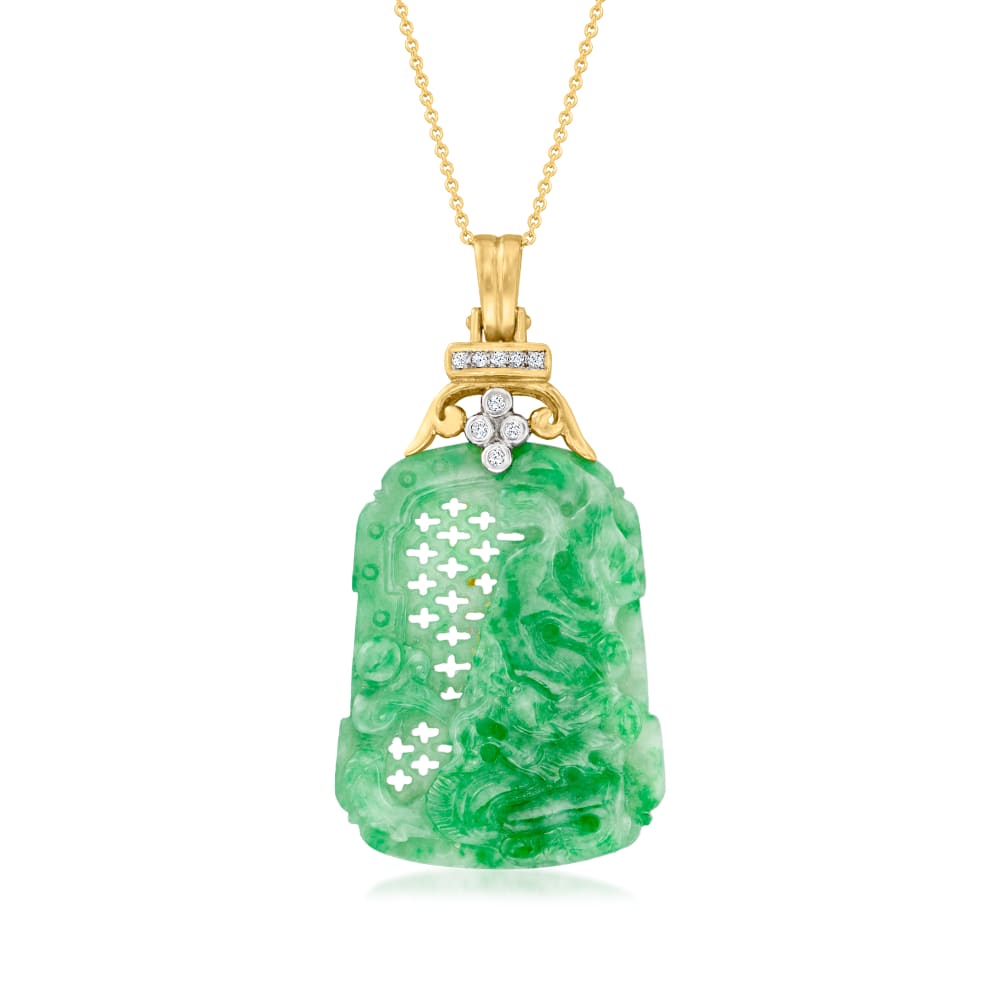 C. 1980 Vintage Carved Jade Pendant Necklace with .10 ct. t.w