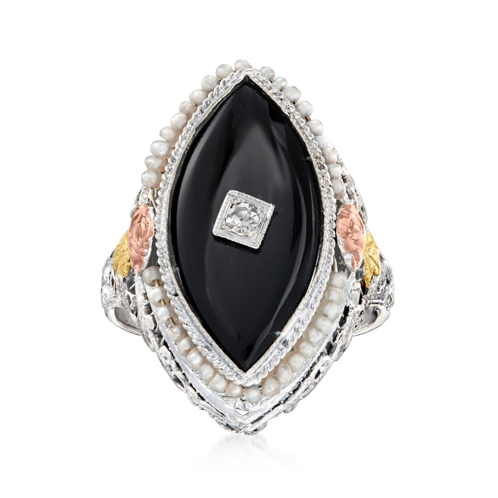 C. 1930 Vintage Black Onyx Ring with Seed Pearls and Diamond