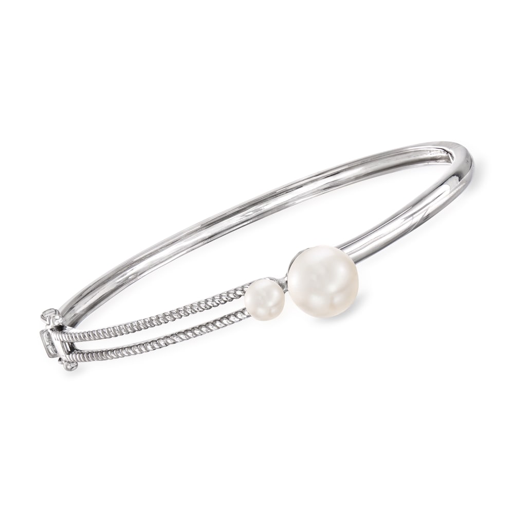 White Gold and Cultured Pearl Monogram Bangle Bracelet