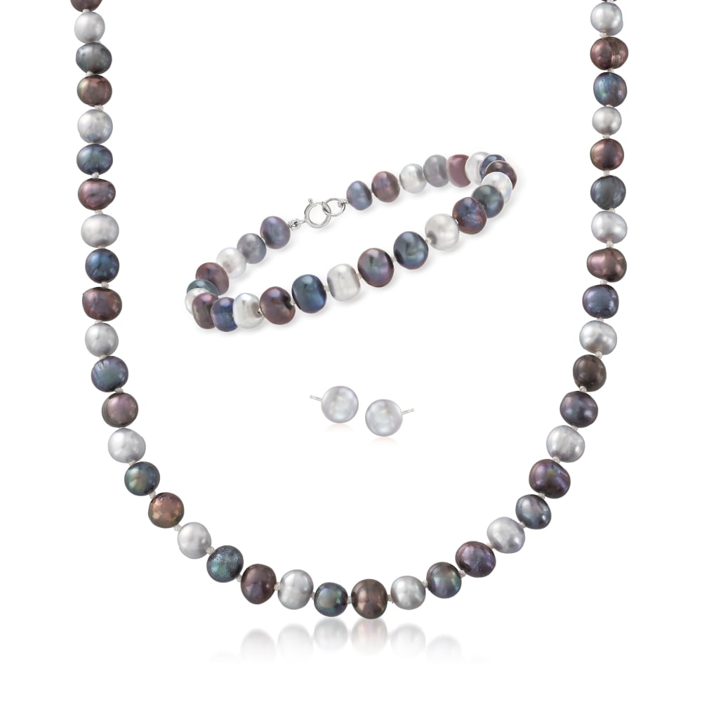 Cultured Pearl Set Necklace, Bracelet & Earrings Sterling Silver