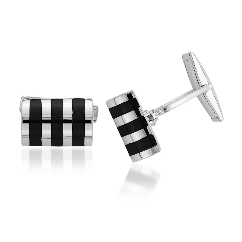 Black Onyx Striped Cuff Links in Sterling Silver | Ross-Simons