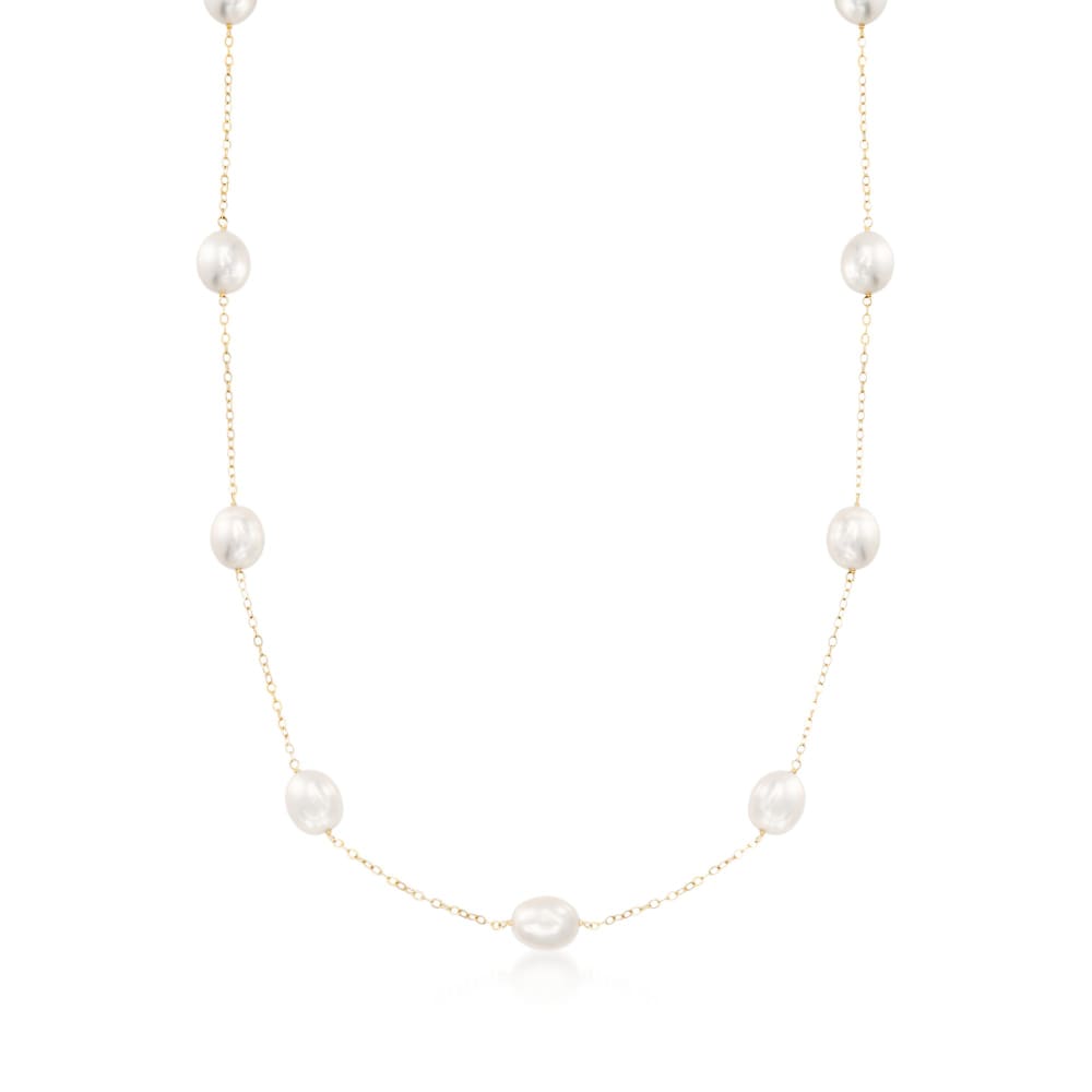 8-8.5mm Cultured Pearl Station Necklace in 14kt Yellow Gold | Ross-Simons