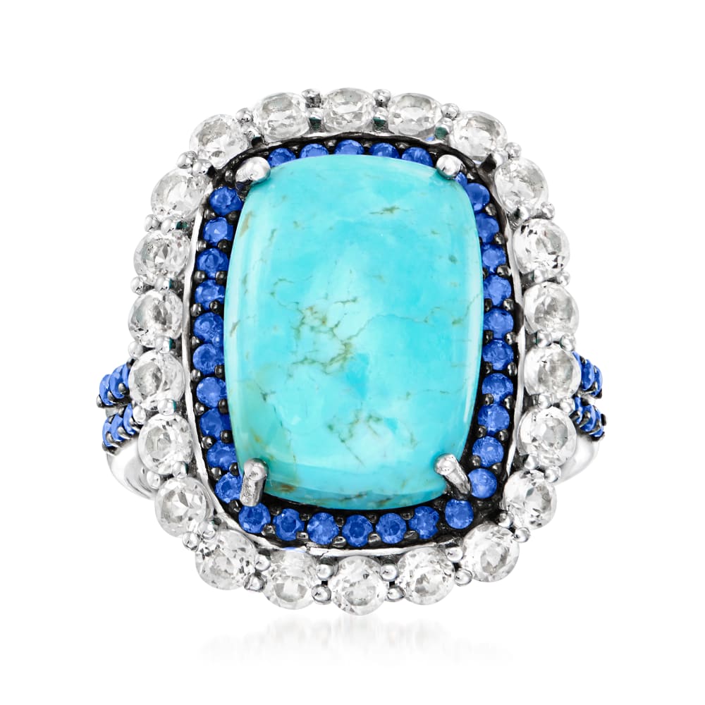 Estate Turquoise, Blue Sapphire, and Diamond Ring in Sterling Silver and  Yellow Gold - Jewelry By Designs