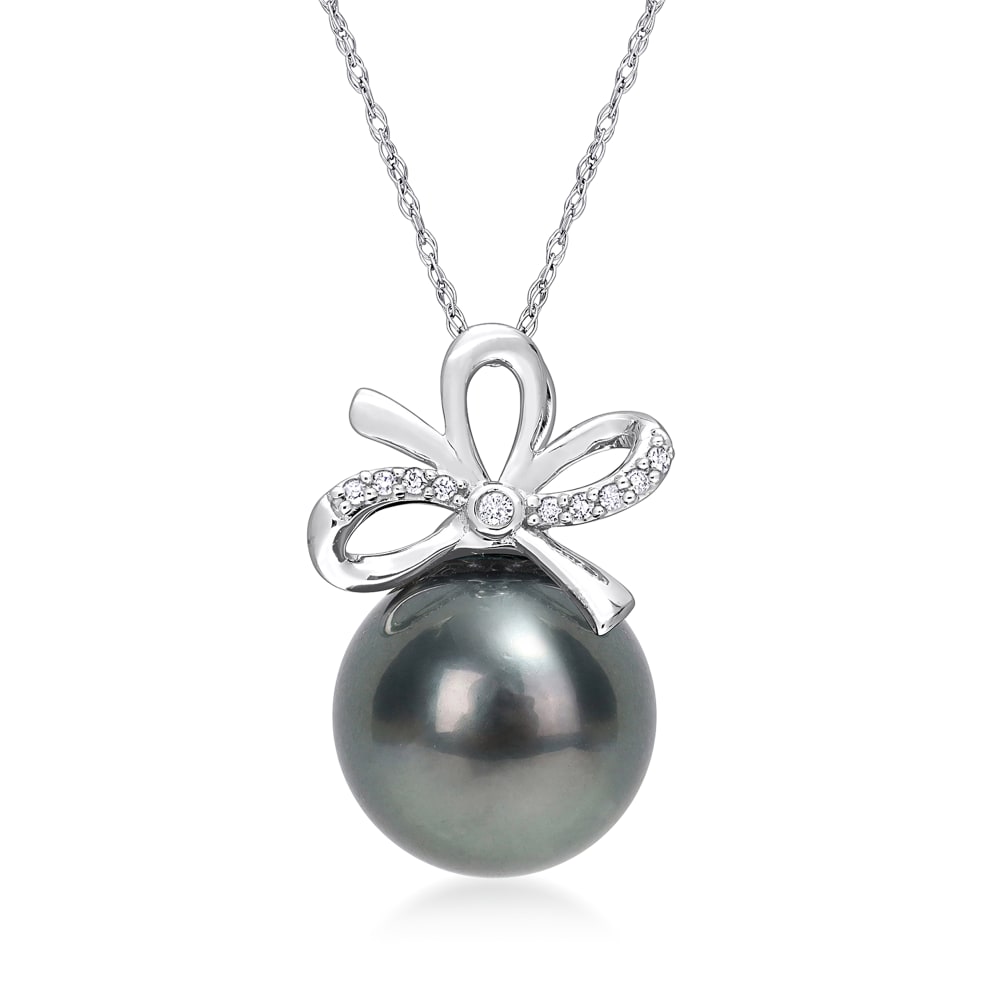 12-12.5mm Black Cultured Tahitian Pearl Bow Pendant Necklace