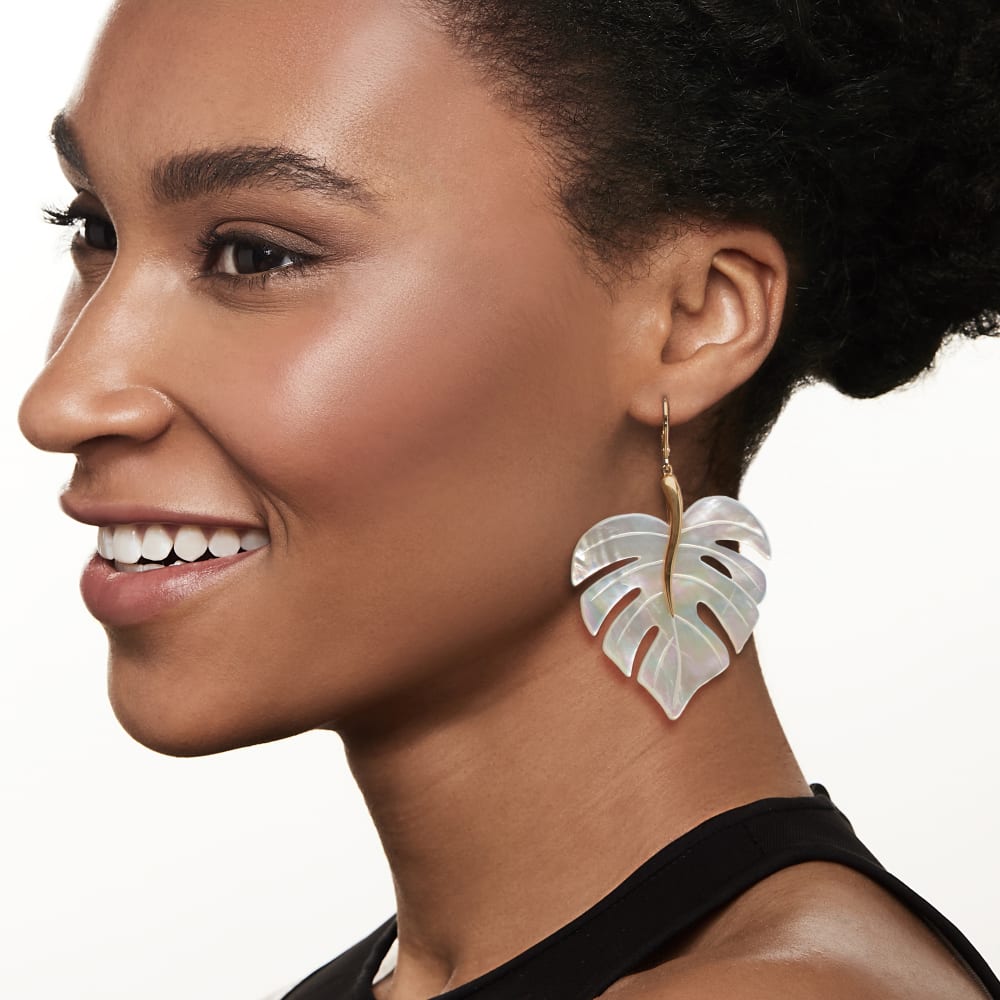 Mother of Pearl Leaf Drop Earrings in 18kt Gold Over Sterling
