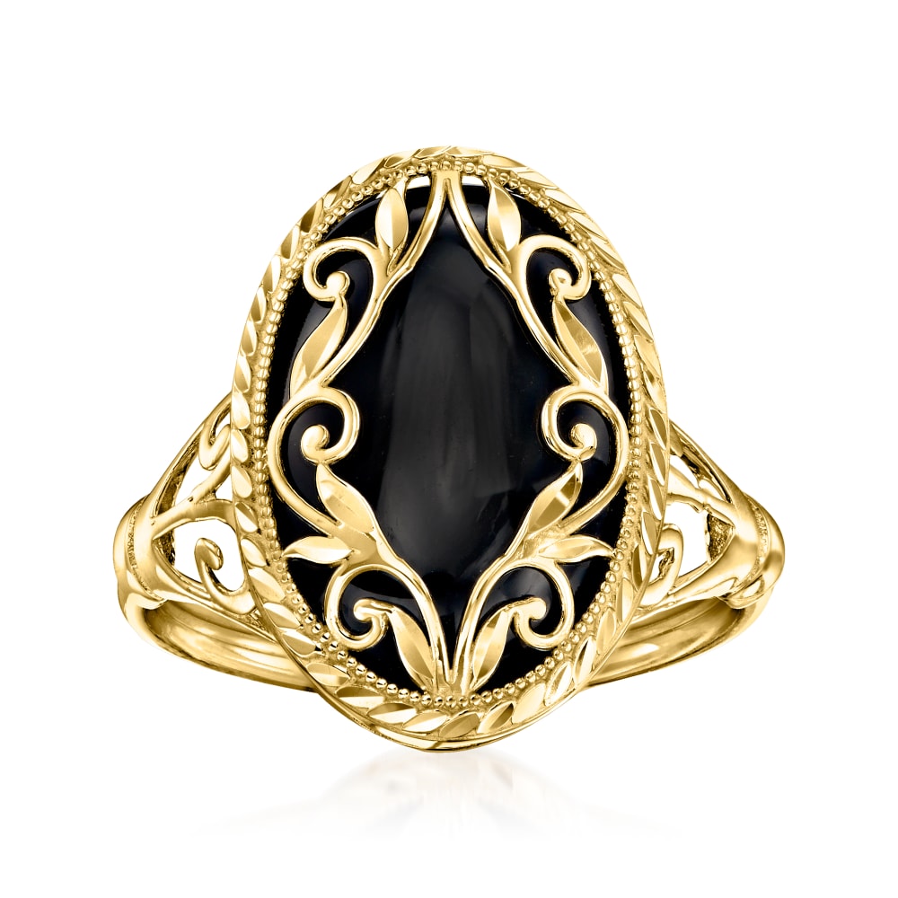 Black Onyx Scrollwork Ring in 14kt Yellow Gold | Ross-Simons