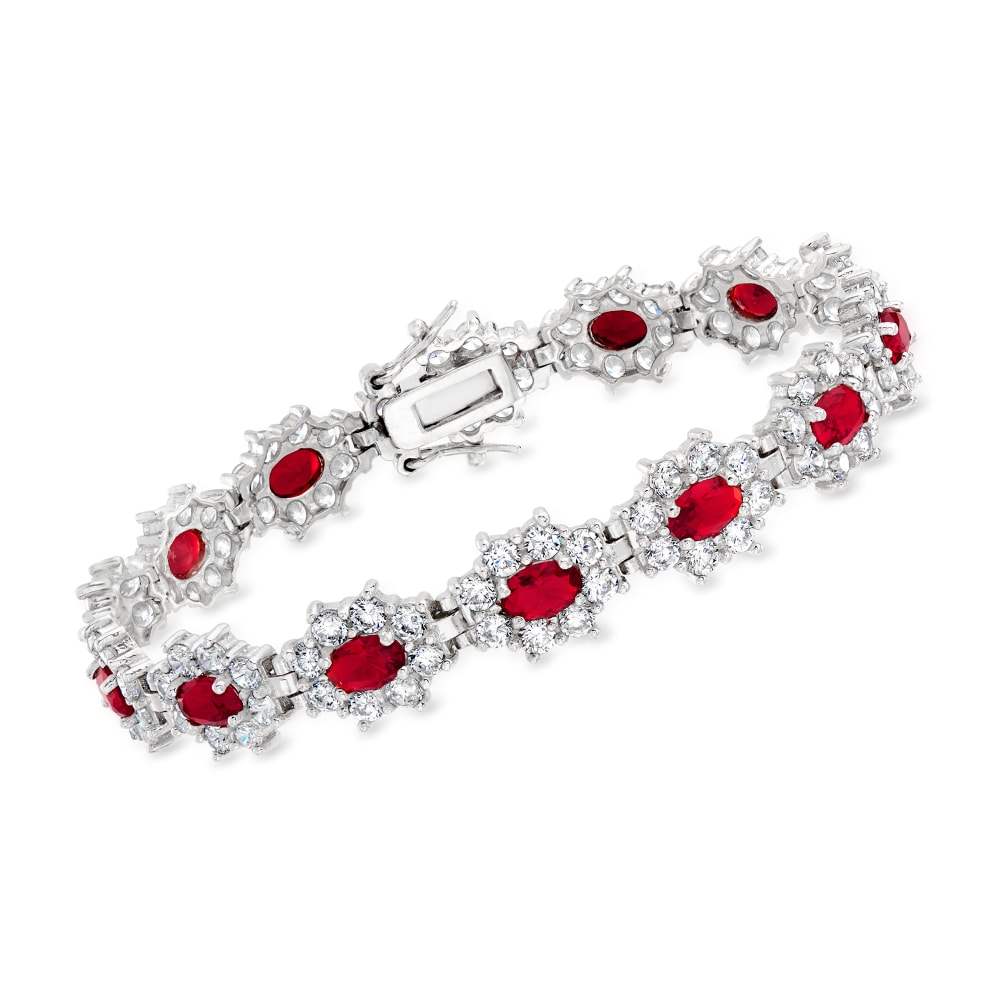 7.00 ct. t.w. Simulated Ruby and 6.00 ct. t.w. CZ Flower Bracelet in  Sterling Silver