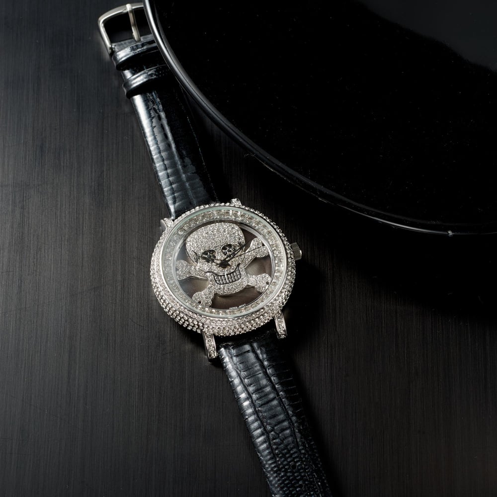 Saint James Women s 46mm White and Black Crystal Skull Watch with