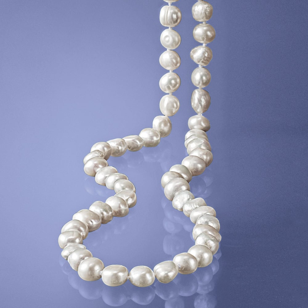 Max + Stone Freshwater Pearl Necklace for Women | 8-9mm Baroque Shaped Cultured Real Pearls Necklace | 17 inch Single Knotted White Pearl Necklace