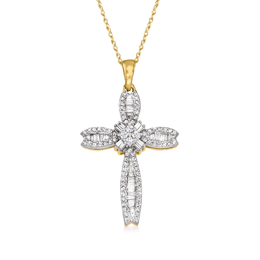 .40 ct. t.w. Baguette and Round Diamond Cross Pendant Necklace in 14kt ...
