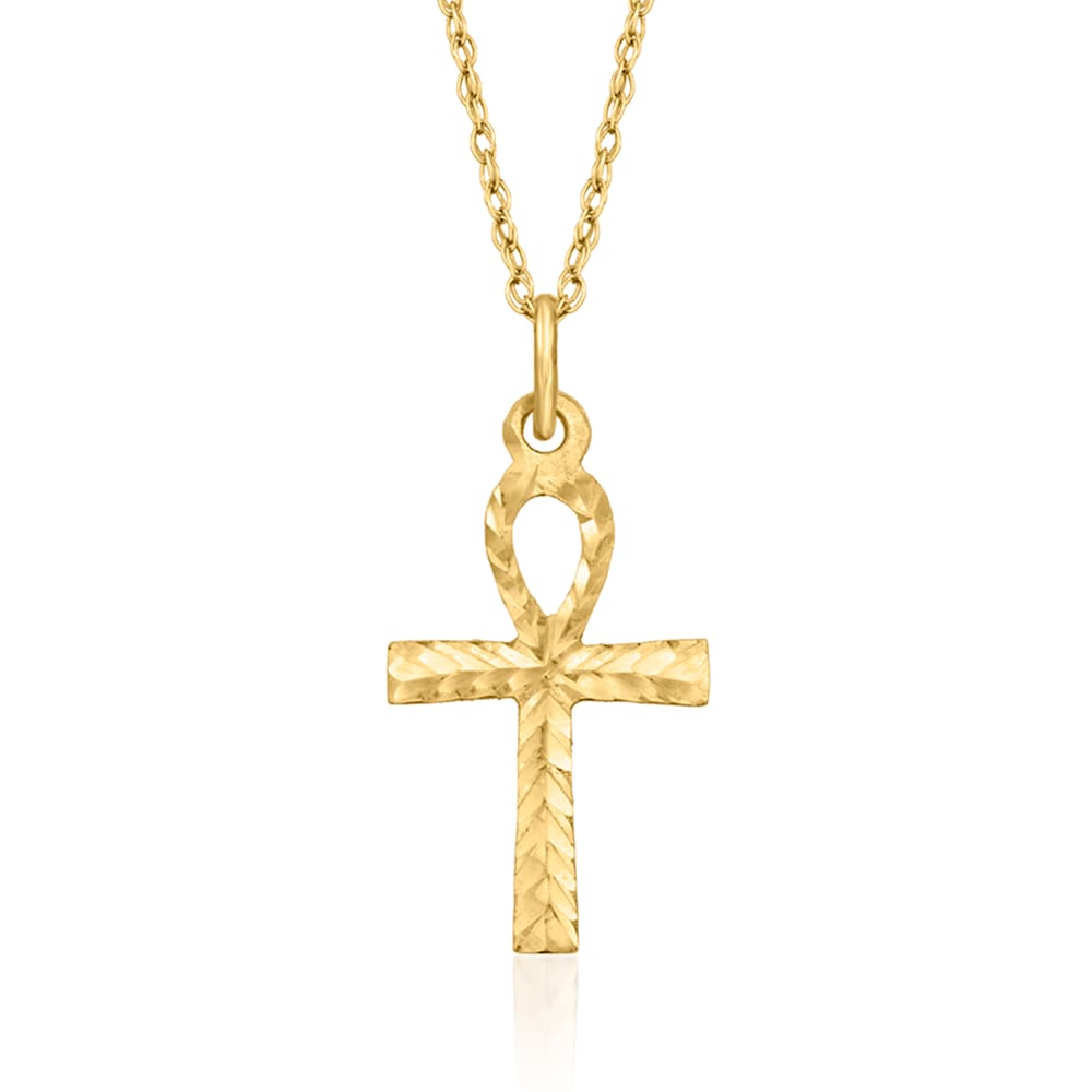 Small 10K Yellow Gold Diamond Egyptian Cross: Ankh Pendant of Life 0.4ct  406815