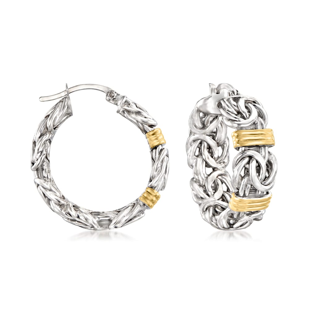 Sterling Silver and 14kt Yellow Gold Byzantine Station Hoop Earrings. 1  1/8\