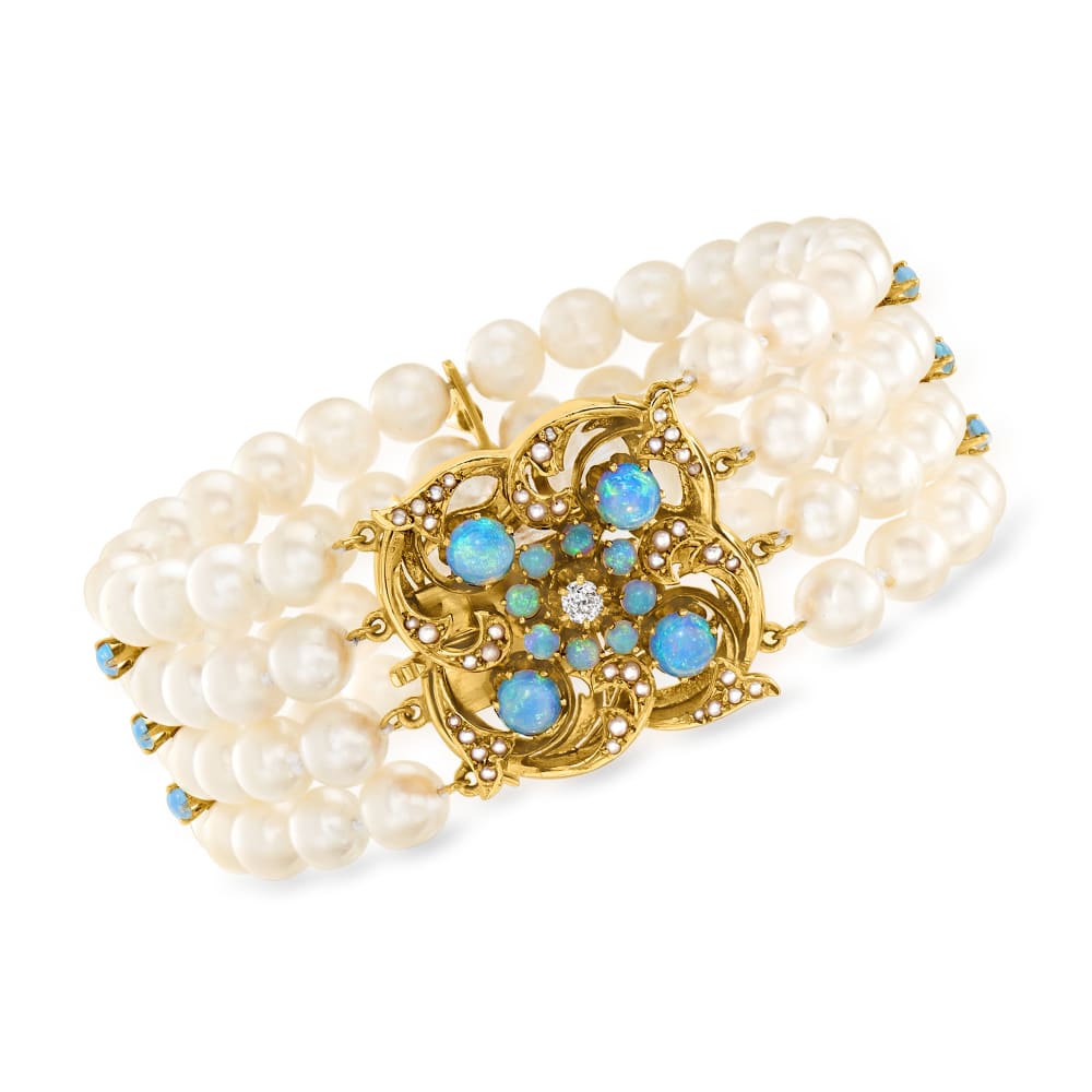 C. 1960 Vintage Cultured Pearl Bracelet with Opal and .10 Carat