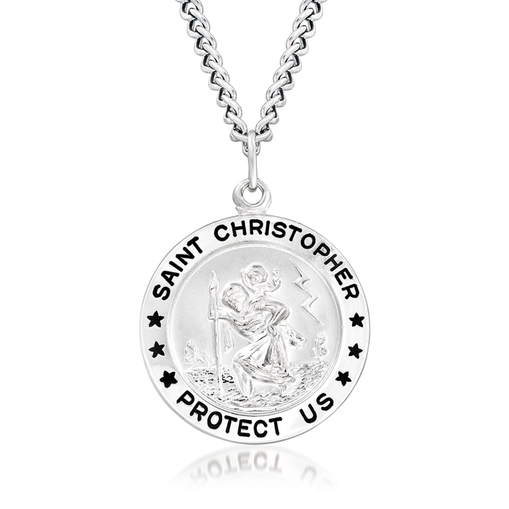 Saint Christopher and Cross Necklace with Engraving, .925 Sterling Silver|  Charming Engraving