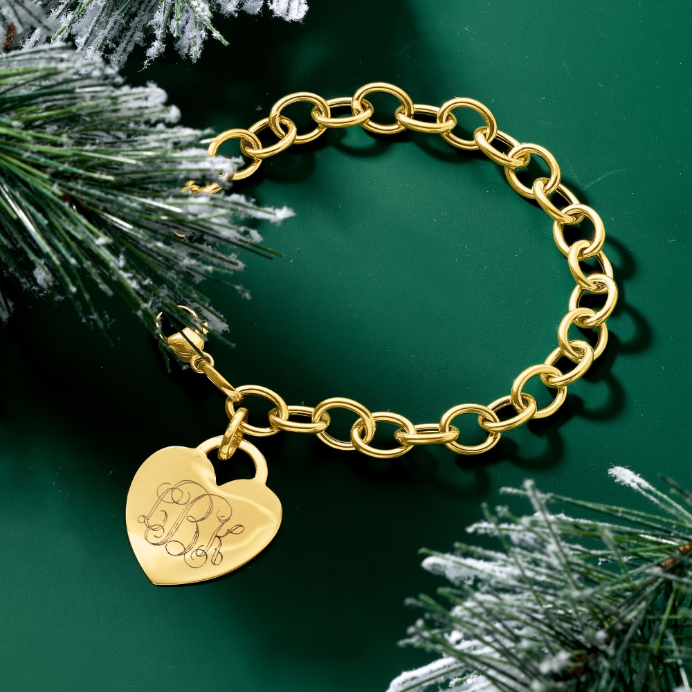 Ross-Simons - Single Initial Italian 14kt Yellow Gold Heart Charm Bracelet. 8
