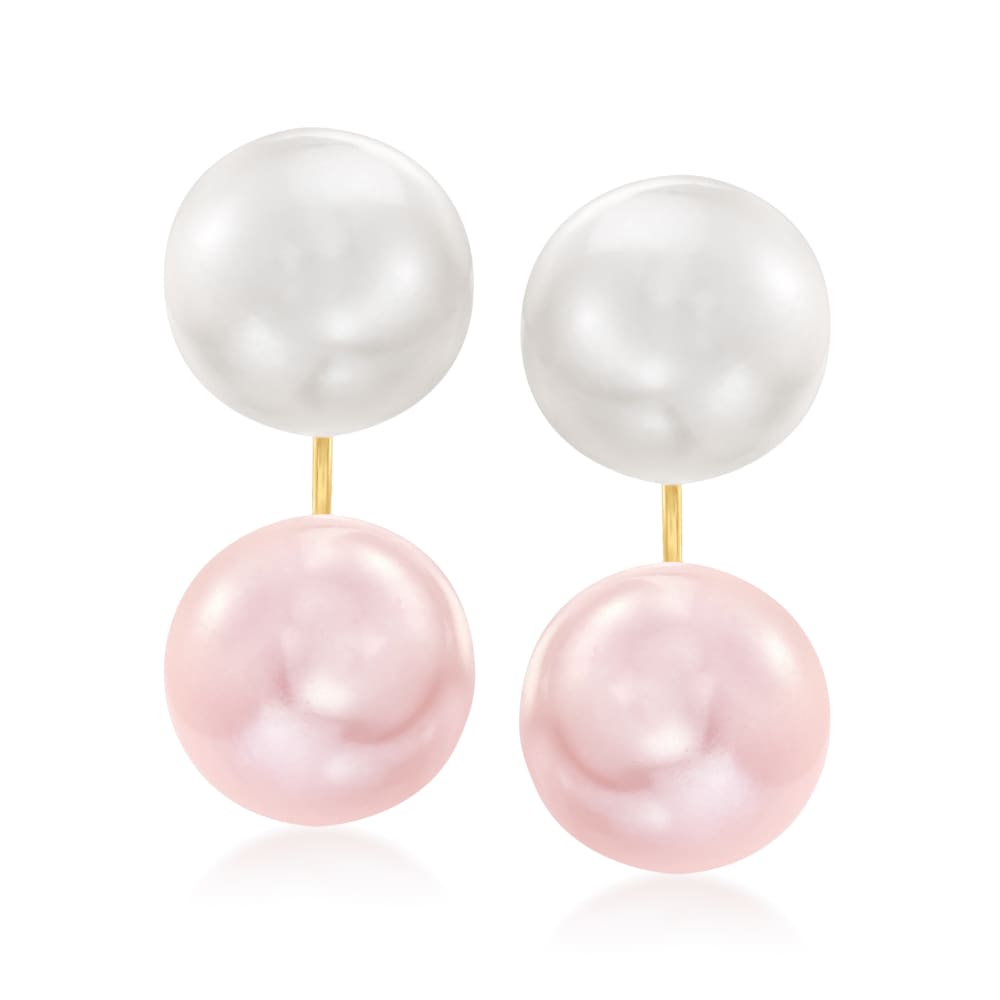 8.5-9mm White and Pink Cultured Pearl Drop Earrings in 14kt Yellow