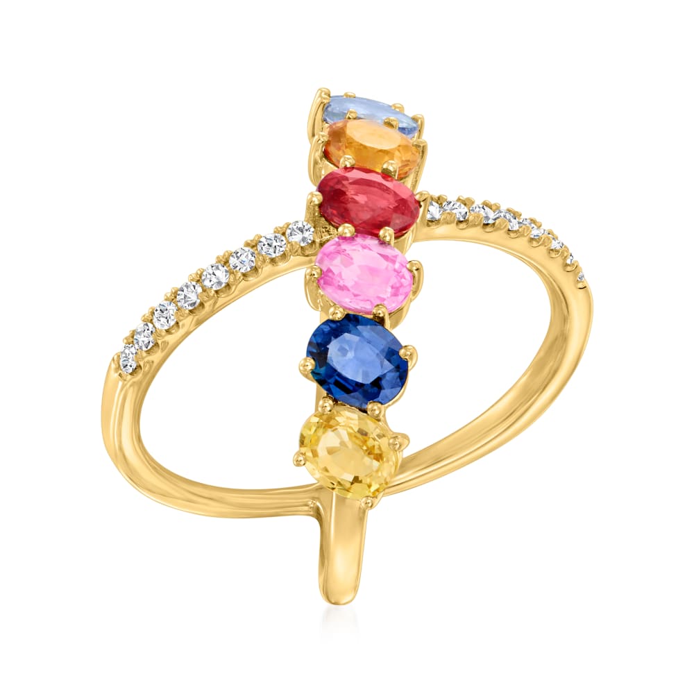3.00 ct. t.w. Multicolored Sapphire Crisscross Ring with .19 ct. t.w.  Diamonds in 14kt Yellow Gold