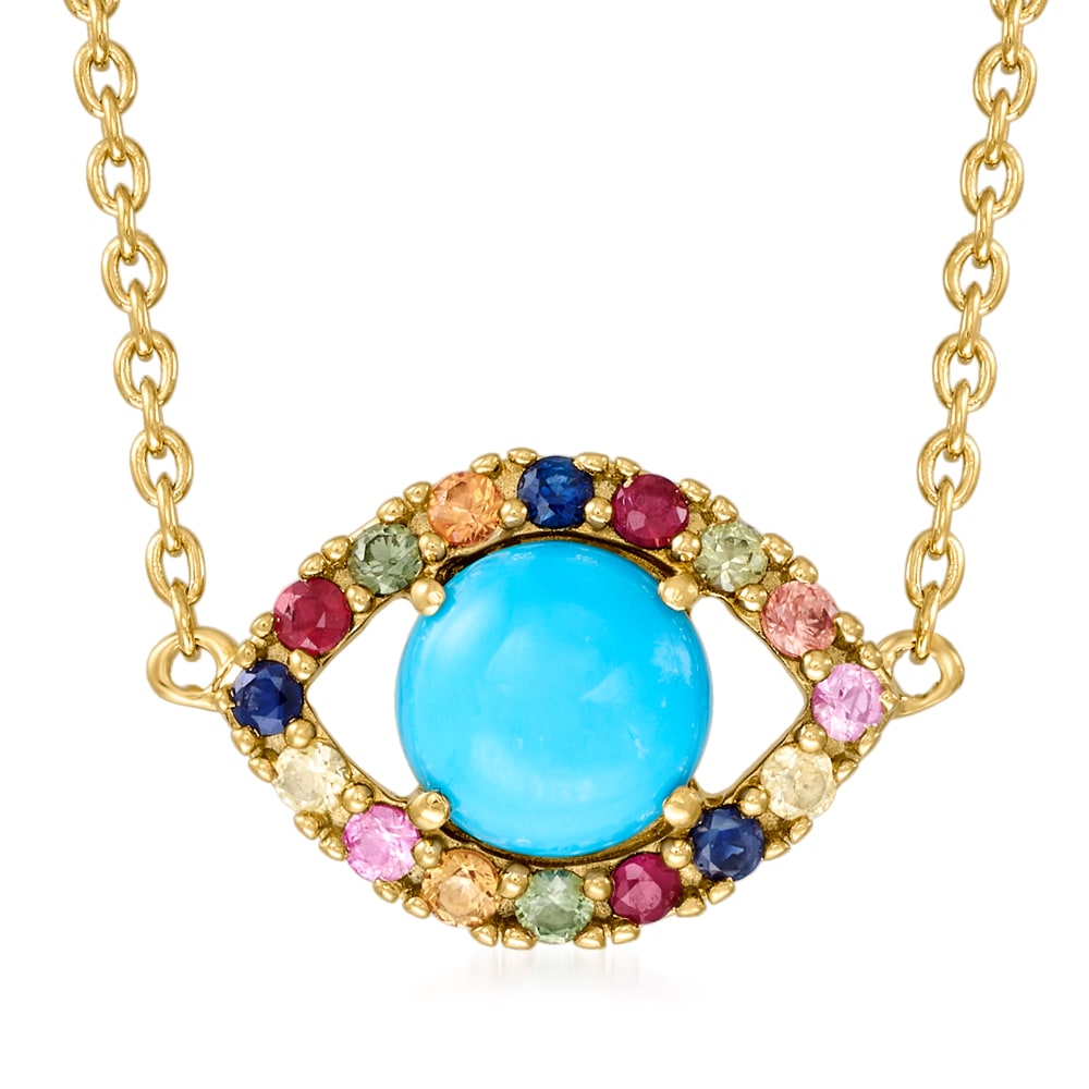 Turquoise and .30 ct. t.w. Multicolored Sapphire Evil Eye Necklace
