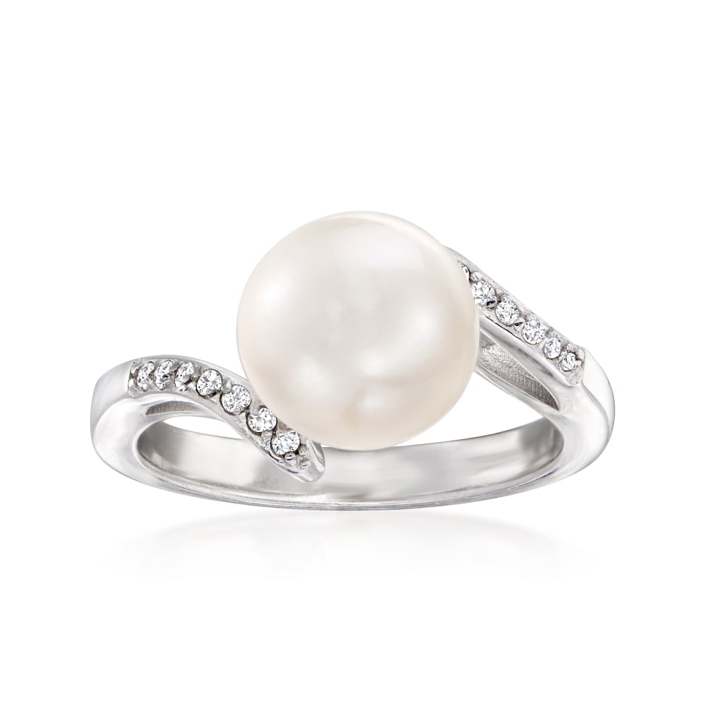 9 9.5mm Cultured Pearl Ring with Diamond Accents in Sterling