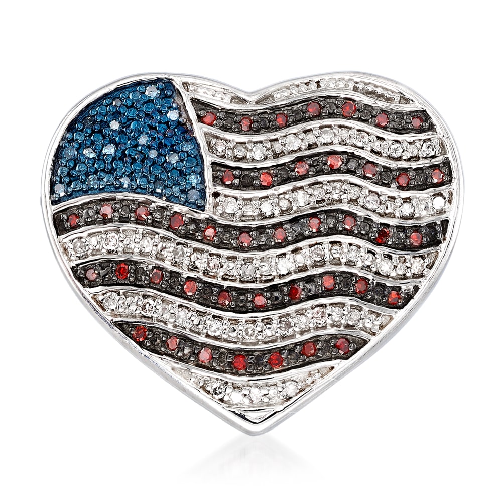 .32 ct. t.w. Red, White and Blue Diamond American Flag Heart Pin in  Sterling Silver