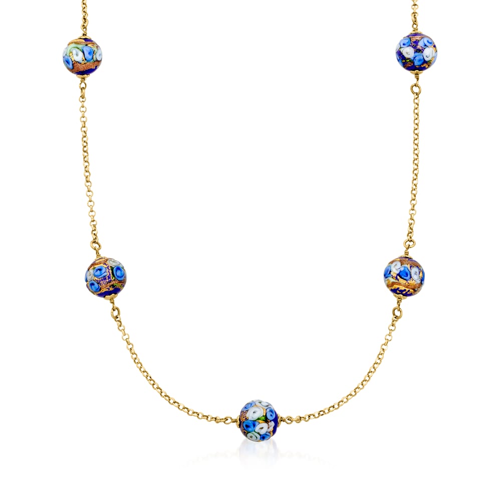Italian Multicolored Murano Glass Bead Drop Necklace In 18kt